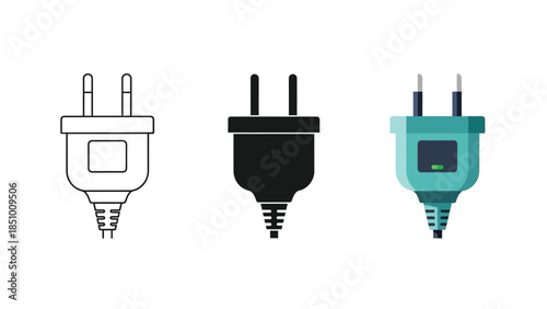 Set of three type c electrical power plugs in outline, solid black and colored flat design styles