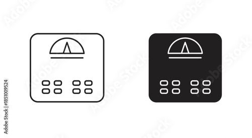 Black and white icons of a digital device with buttons and a screen on a plain background.
