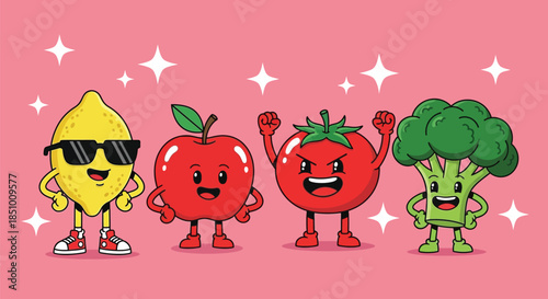 Cartoon fruits and vegetable characters standing together on pink background with white sparkles.