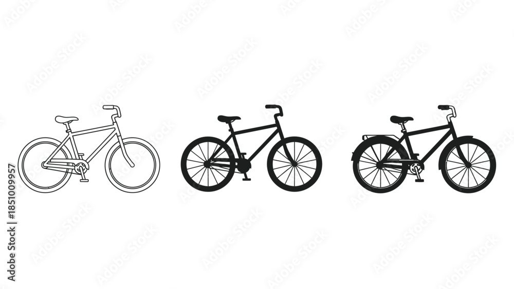 Obraz premium Set of three bicycles sketch, black silhouette and red detailed illustration