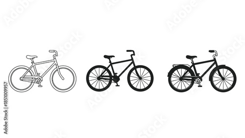 Set of three bicycles sketch, black silhouette and red detailed illustration