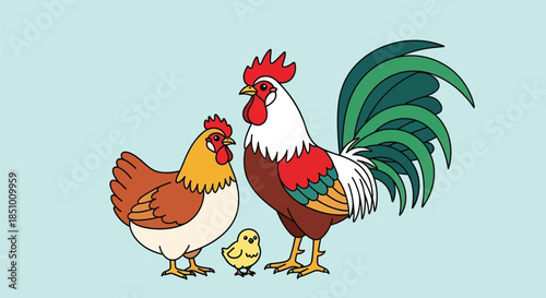 Illustration of a rooster, hen, and chick standing together against a light blue background with a flat, colorful design.