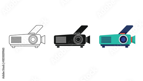 Set of three digital projector icons in outline, solid black and color style
