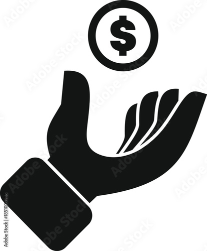Hand extended, receiving a black dollar coin against a white background