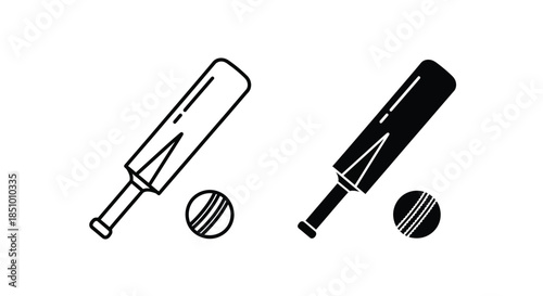 Black and white line art illustration of cricket bats and balls on a plain background.