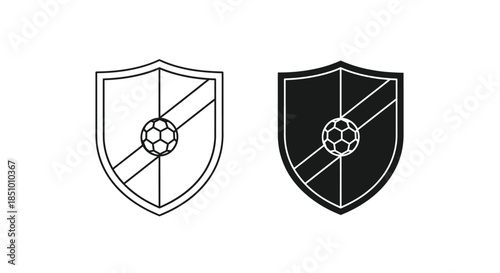 Two shield icons with soccer balls, one black and one white, on a plain white background in a graphic design style.