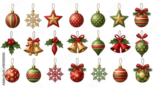 collection of festive christmas tree ornaments including balls bells stars and snowflakes