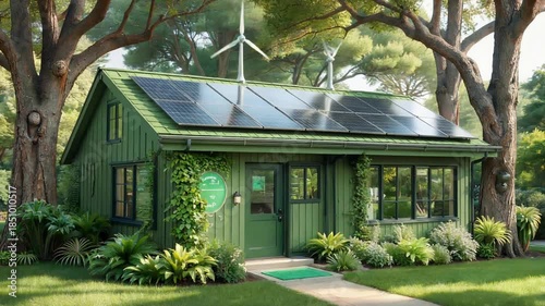 Eco-Friendly Home with Solar Panels and Wind Turbines in Lush Green Setting.