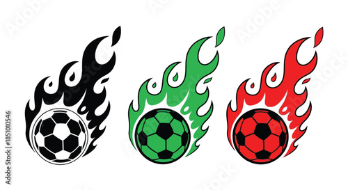 Graphic illustration of three soccer balls surrounded by black, green, and red flames on a white background.
