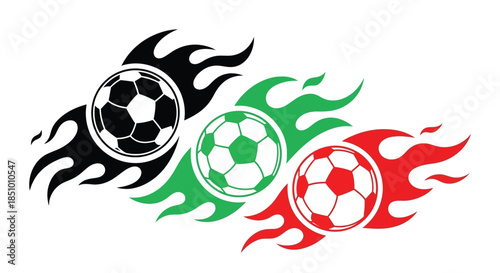 Graphic illustration of three soccer balls in black, green, and red flames on a white background.