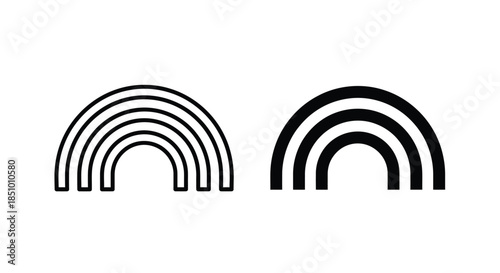 Two simple black rainbow graphics with multiple arches on a white background in a flat lay style with a minimalist mood.