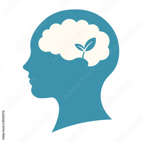 Conceptual vector illustration of a human silhouette with a brain and a sprout leaf inside. Representing mental growth, mindfulness, psychology, and personal development