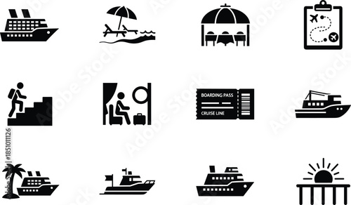 Black pixel cruise and beach vacation icon set, travel, leisure, planning, and scenic symbols, vector illustration for tourism and design