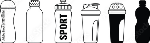 Black pixel sports bottle icon set, six hydration container styles with caps, vector illustration for fitness, gym, and active lifestyle design