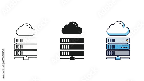 Cloud computing server rack data storage icons set three styles outline, filled and color illustration of network hardware connected to a cloud symbol