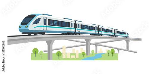 High speed monorail train traveling over city river