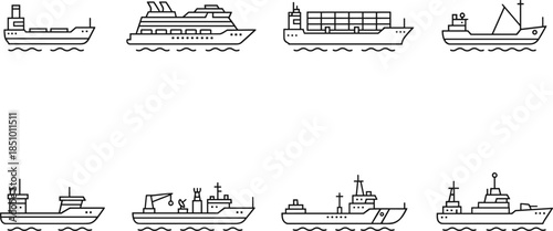 Pixel ship icon set, cargo, cruise, fishing, patrol, and naval vessels on water, vector illustration for maritime, transport, and logistics design