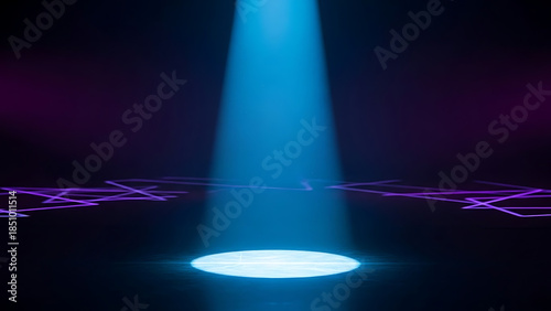 Abstract glittering event design featuring an empty spot with disco light beam and radiant stage projection