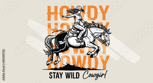 Energetic Cowgirl Riding Horse Mid-Jump with 'Howdy' and 'Stay Wild Cowgirl' Text.
