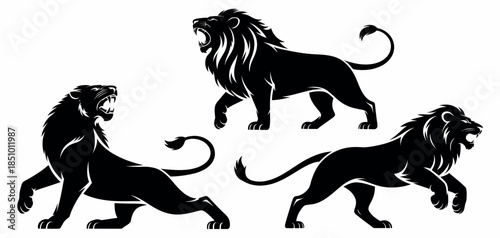 Vector Silhouettes of Lions Sitting, Standing, and Walking