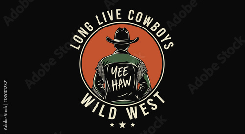 Retro Cowboy Illustration with "Yee Haw" and "Long Live Cowboys".