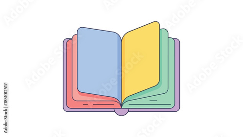 Open book with colorful pages illustration.