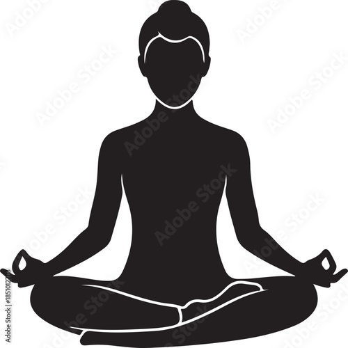Female Yoga Meditation Silhouette in Lotus Pose on White Background.