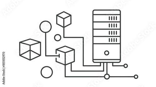 Data network infrastructure with interconnected cubes circles and a server stack illustration