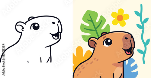 Cute Cartoon Capybara Portrait with Colorful Tropical Leaves and Flowers Background