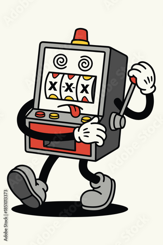 Dizzy Slot Machine Cartoon Character with X Eyes and Glitch