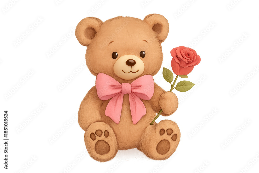 Fototapeta premium Cute teddy bear holding red rose with pink bow