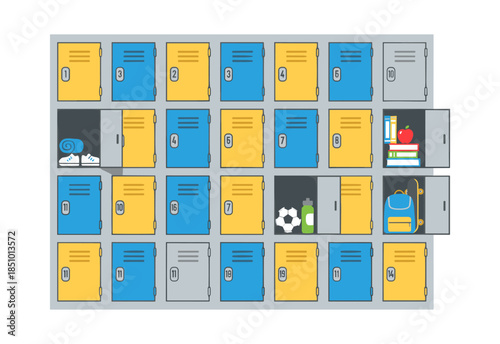 School gym lockers with items inside concept