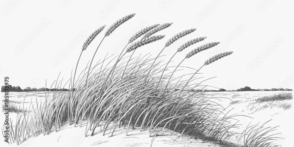 Fototapeta premium Beach Grass Illustration in Monochrome with Soft Lighting on White Background for Coastal Design