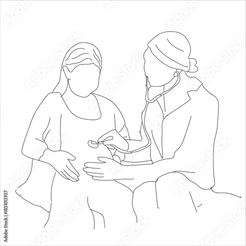 One continuous single drawing line art flat doodle obstetrician, doctor checking pregnant woman's stomach. line art