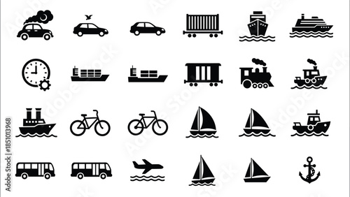 Black pixel transport icon grid, land and sea vehicle silhouettes with travel symbols, vector illustration for logistics, mobility, and education