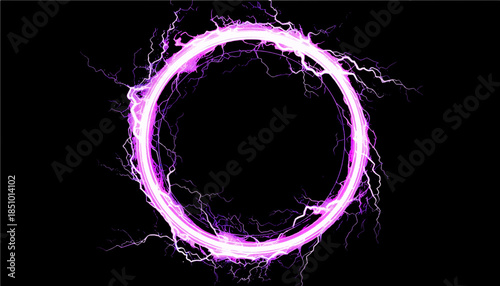 Futuristic electric lightning portal isolated on transparent background, purple and white neon plasma energy ring, dynamic power surge circle SVG
