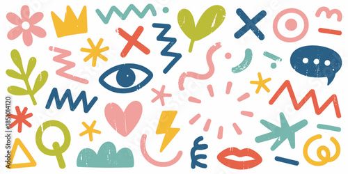 Colorful doodles in playful quirky style with pastel colors on white background for graphic design