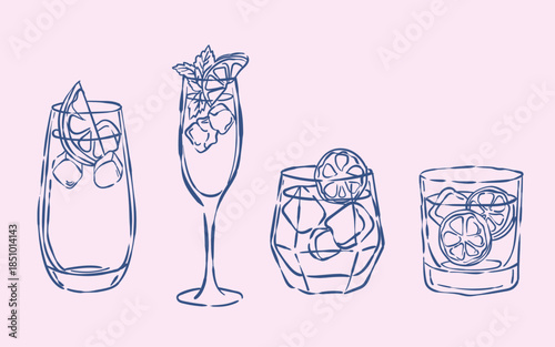 Hand drawn cocktail party icon set linear style, martini, wine, champagne, shaker and bar drinks, line art vector illustration for bar menu and wedding invitations