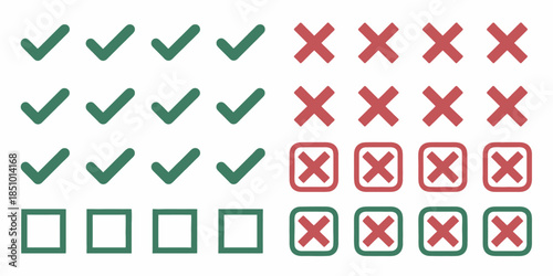Checkmarks and Crosses in Green and Red Colors on White Background for UI Design