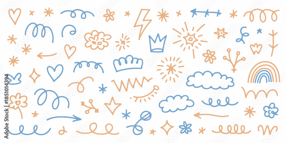 Naklejka premium Hand drawn doodle elements in blue and orange on white background for graphic design