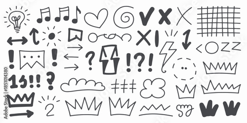 Hand Drawn Comic Icons and Symbols in Simple Black and White Line Art Style for Graphic Design and Illustration