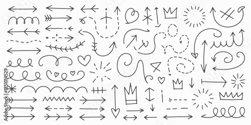 Hand-Drawn Arrows and Decorative Elements in Simple Line Art Style with Black Ink on White Background for Graphic Design