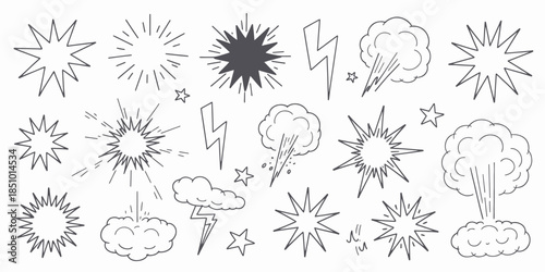 Explosion Icons Set in Simple Line Art Style with Black Color on White Background for Graphic Design