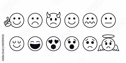 Set of diverse emoticon faces in simple black and white line art for digital communication and social media