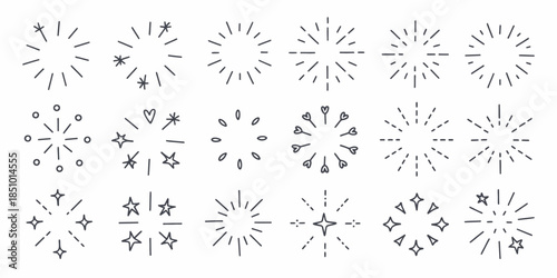 Collection of abstract starburst icons in minimalist black and white design for graphic elements