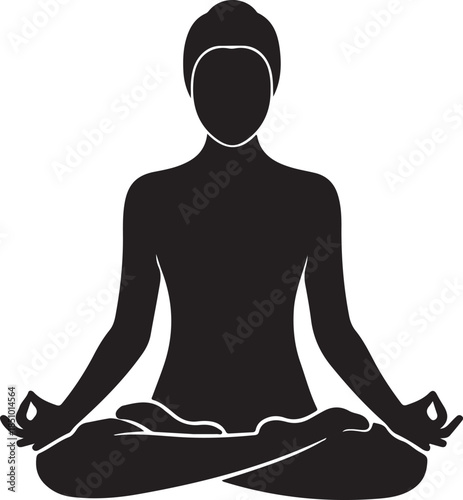 Female Yoga Meditation Silhouette in Lotus Pose on White Background.