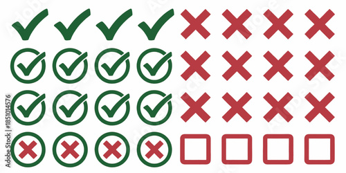 Checkmarks and Crosses in Various Styles on White Background in Green and Red Colors for UI Design