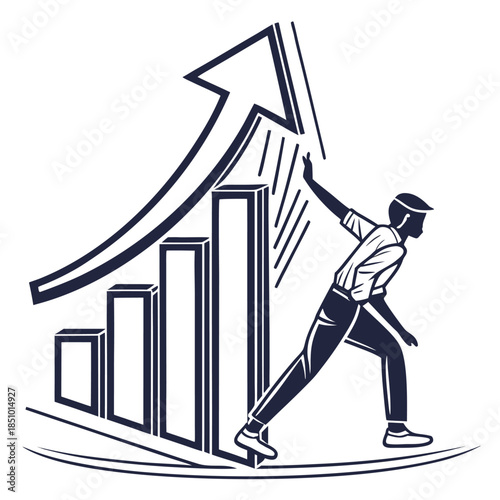 Ascension towards business growth: An abstract representation of business development, the ascent of a figure embodies ambition, driven by upward trending graph.