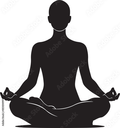 Female Yoga Meditation Silhouette in Lotus Pose on White Background.