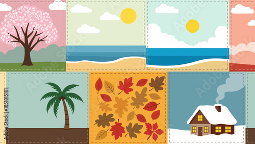 Seasonal landscape collage with spring, summer, autumn, and winter scenes